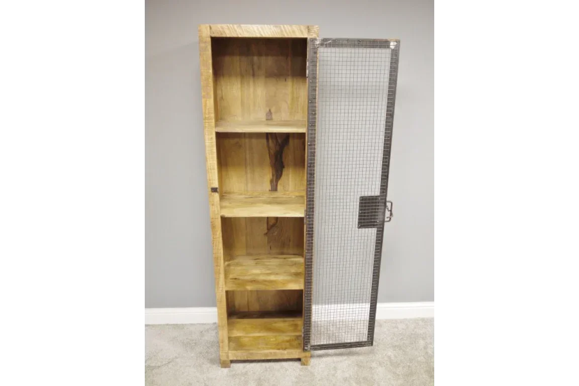 Tall wooden storage cabinet with four shelves and mesh metal door, shown open