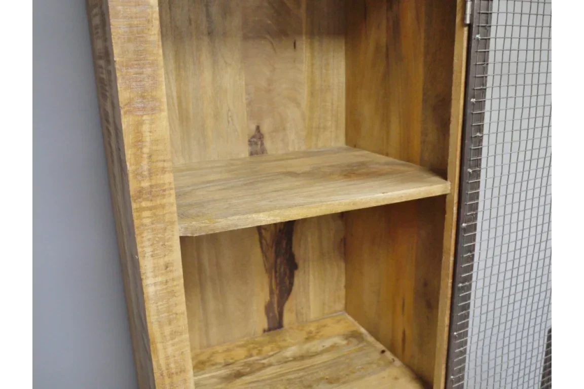 mango wood shelving unit with open shelves and wire mesh door detail