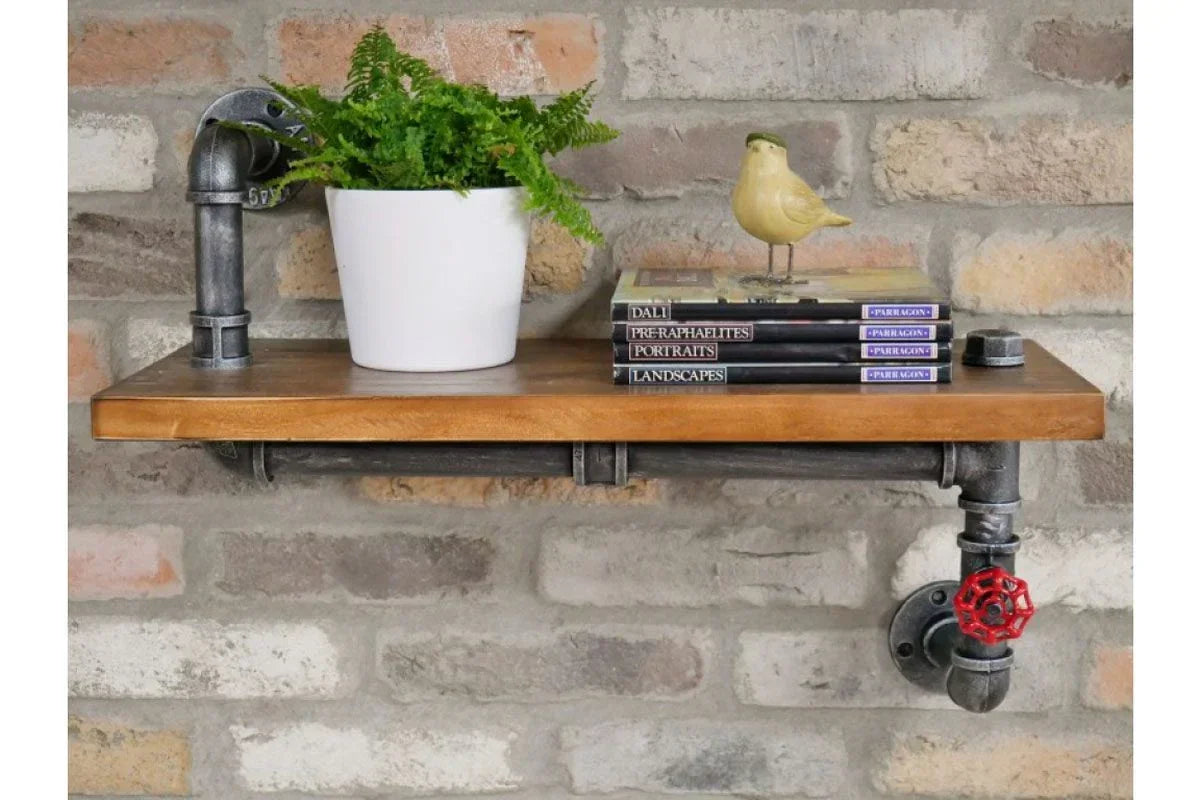 Industrial pipe wall shelf with wooden top, white plant pot, books and yellow bird ornament