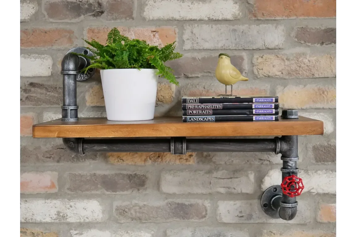 Industrial pipe wall shelf with wooden top, white plant pot, books, and bird ornament