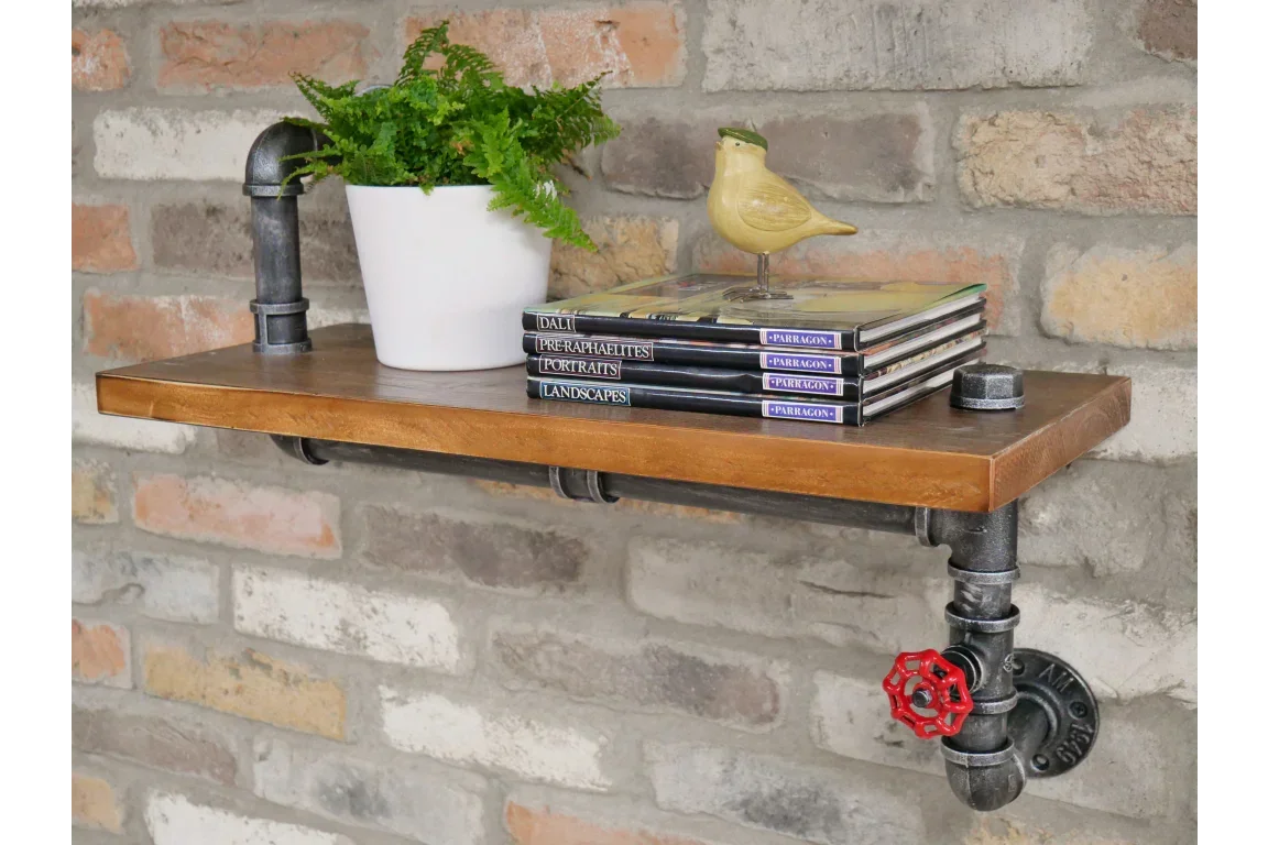 Industrial pipe wall shelf with wood surface holding potted plant books and yellow bird ornament
