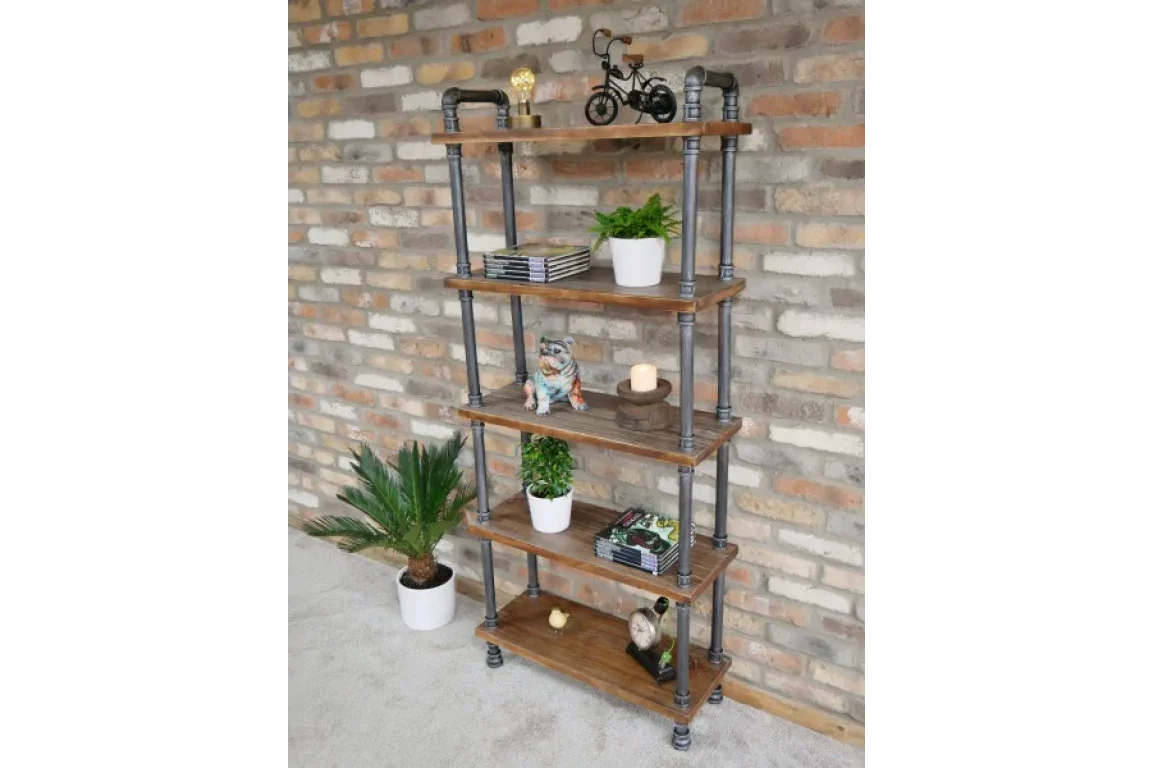 Industrial style bookshelf with wood shelves and black metal frame against brick wall