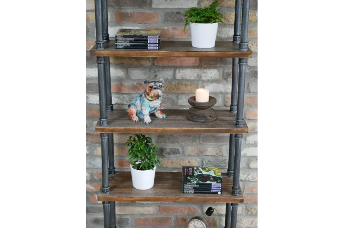 industrial bookcase with wooden shelves, books, potted plants, dog ornament, candle