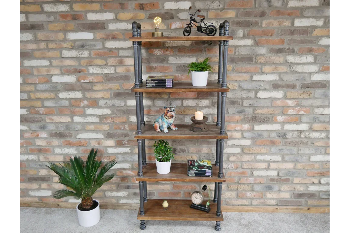 Industrial pipe shelving unit with wood shelves, decor items, potted plants, and books