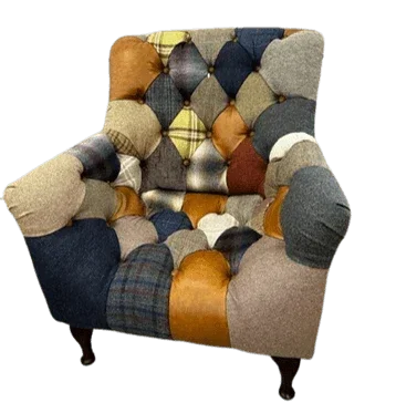 Patchwork fabric armchair with button-tufted backrest and dark wooden legs