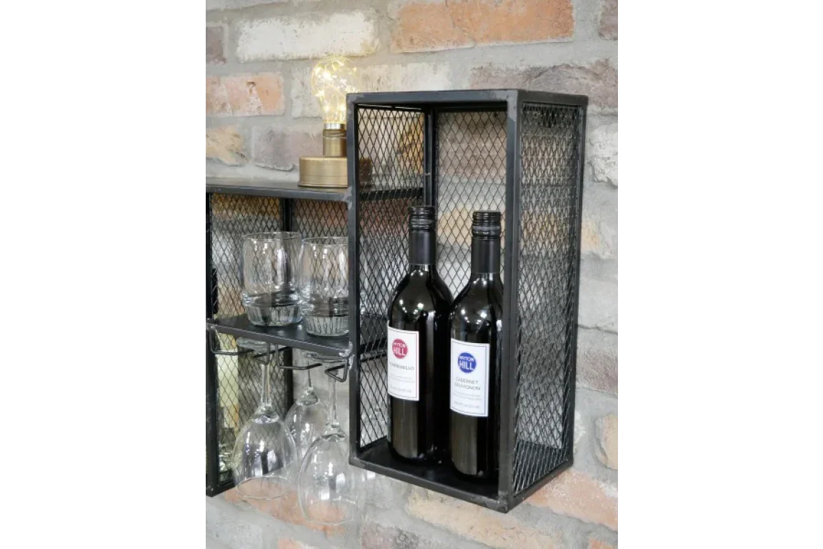 Industrial wall mounted wine rack with two wine bottles and glass holders on brick wall