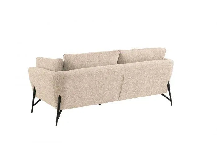 Beige fabric sofa with black angled metal legs, rear view, modern living room furniture