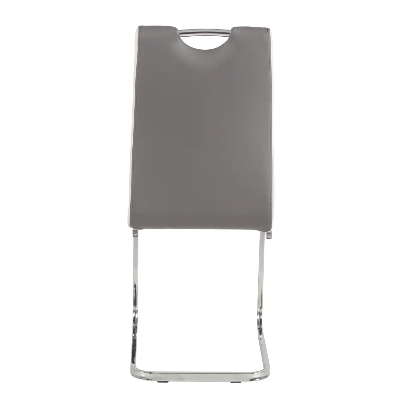 Grey leather dining chair with chrome cantilever legs, front view