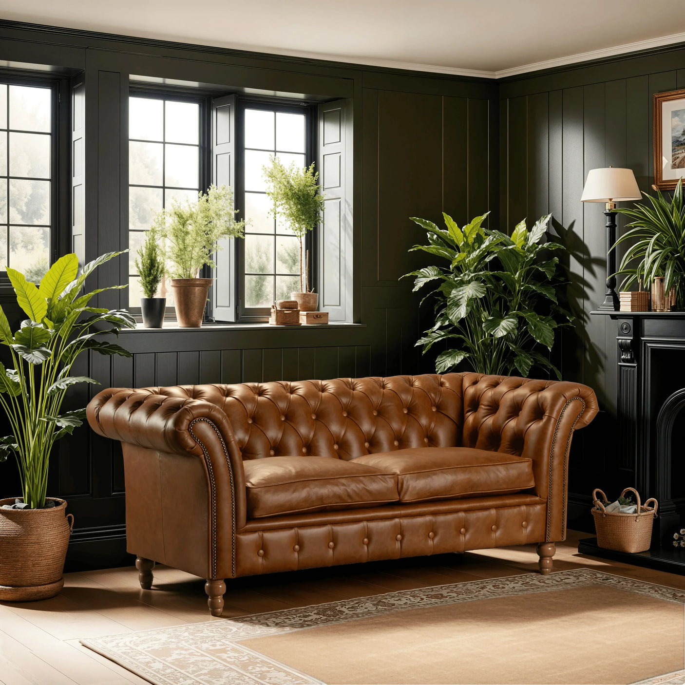 Brown leather chesterfield sofa with tufted backrest in a living room with indoor plants