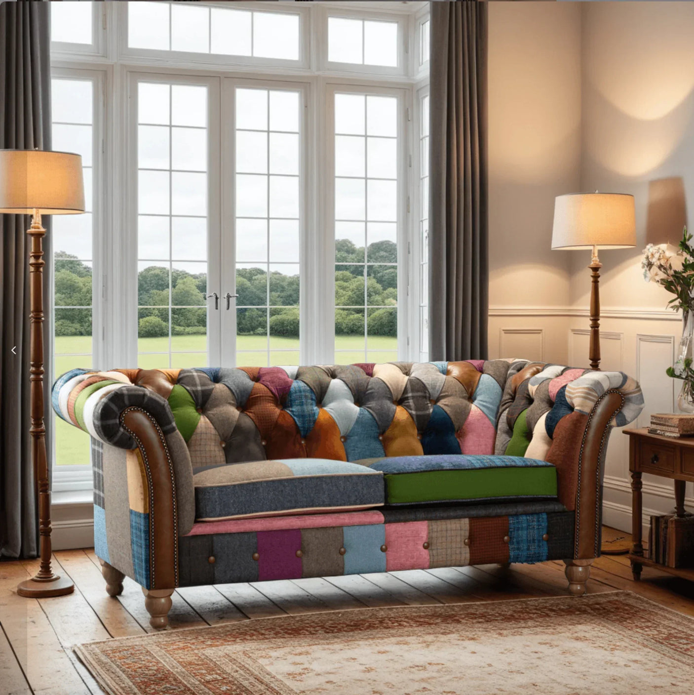 Patchwork fabric chesterfield sofa with button back in bright living room with tall windows