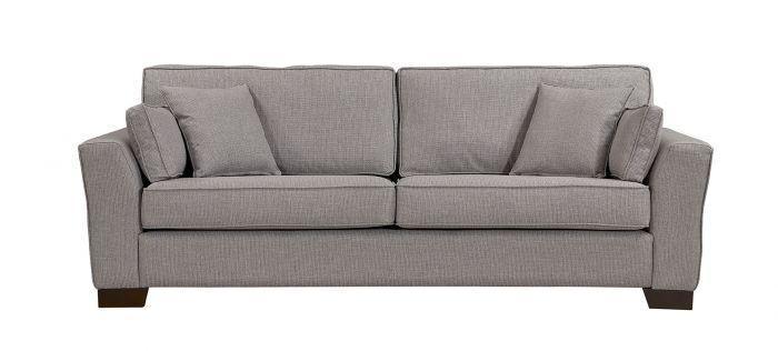 Grey fabric sofa with two seat cushions, four back cushions and dark wooden legs