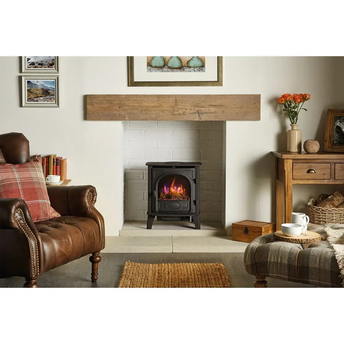 Electric fireplace stove in cosy living room with leather armchair and wooden furniture