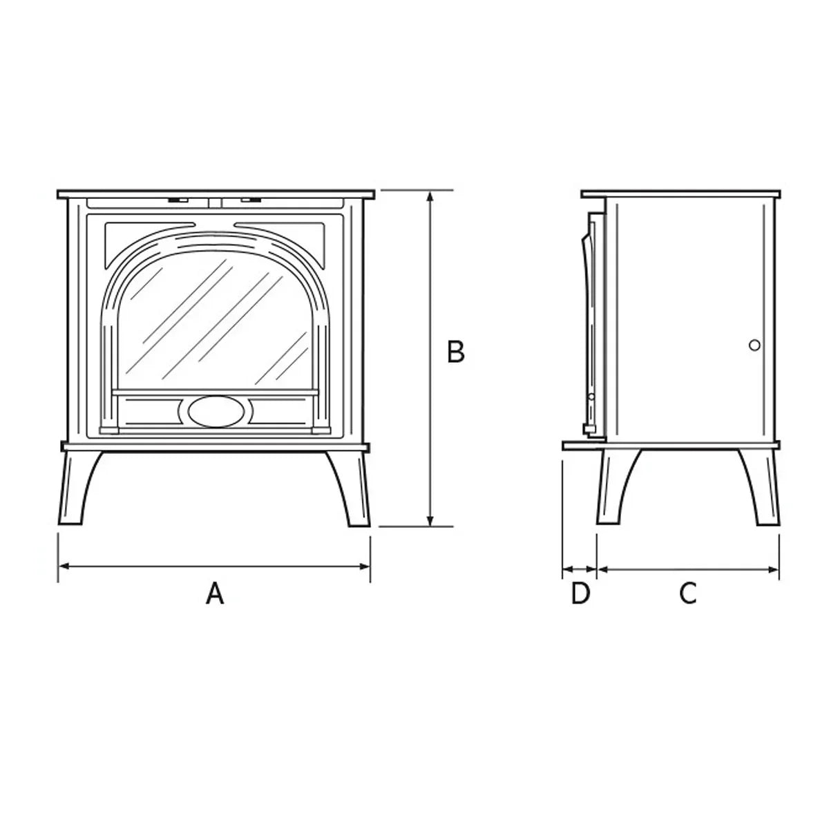 Electric stove heater line drawing with front and side dimensions labeled A, B, C, D