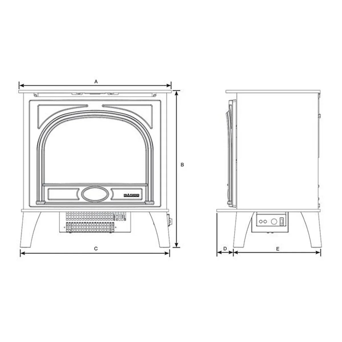 Electric stove heater technical drawing with front and side dimensions labeled