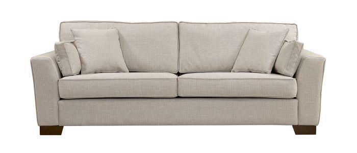 Light beige fabric sofa with three seat cushions and four matching scatter cushions, front view
