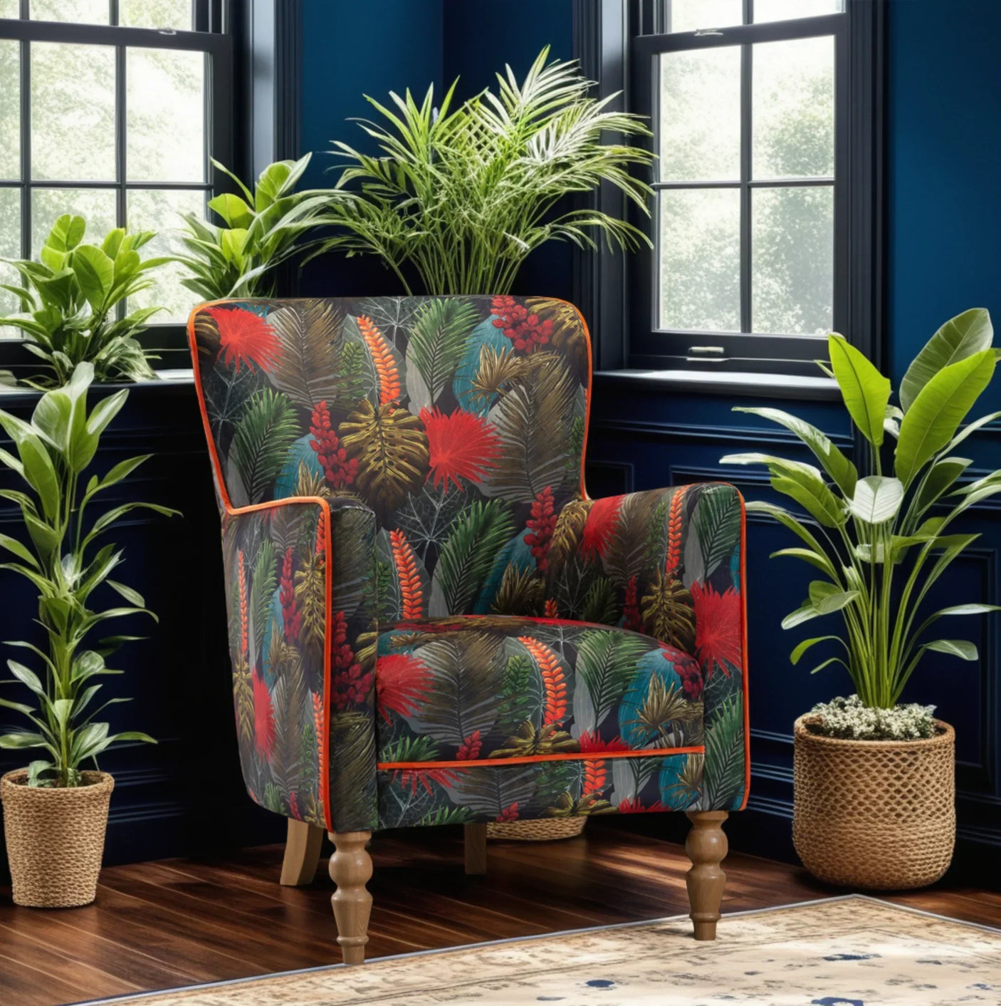 Tropical pattern accent chair with wooden legs in living room, surrounded by potted plants