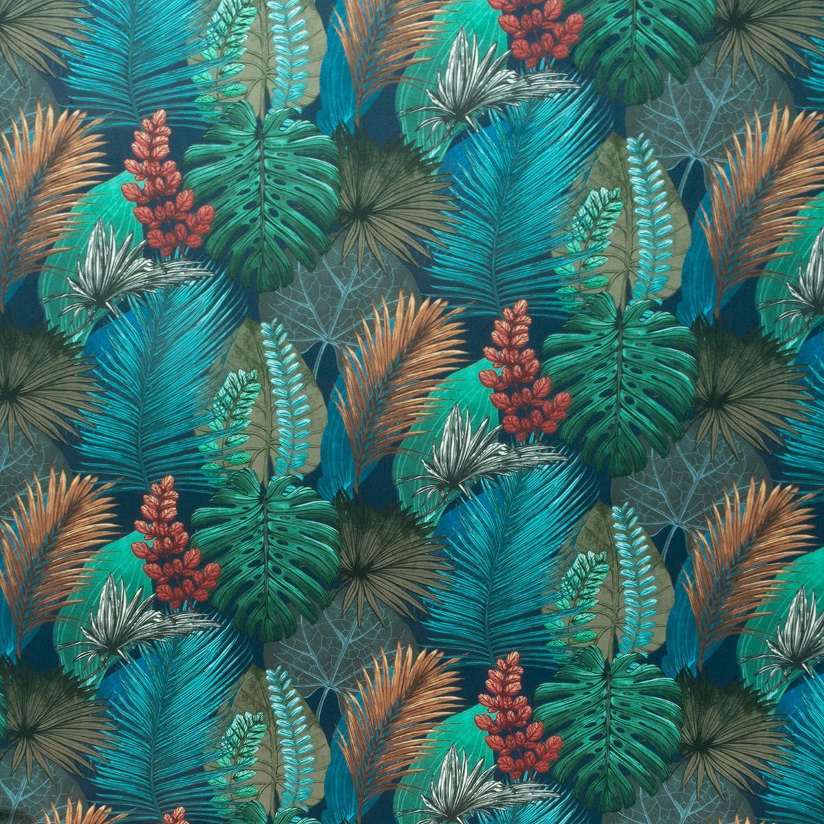 Tropical leaf fabric pattern with green, teal, and rust foliage on dark background