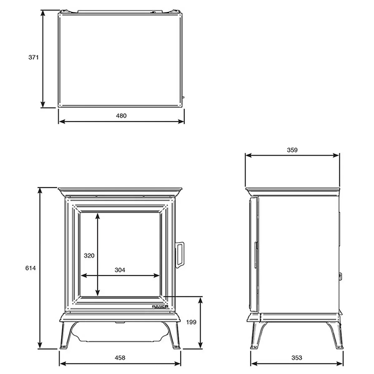 Electric stove heater technical drawing with front, side, and top dimensions labeled