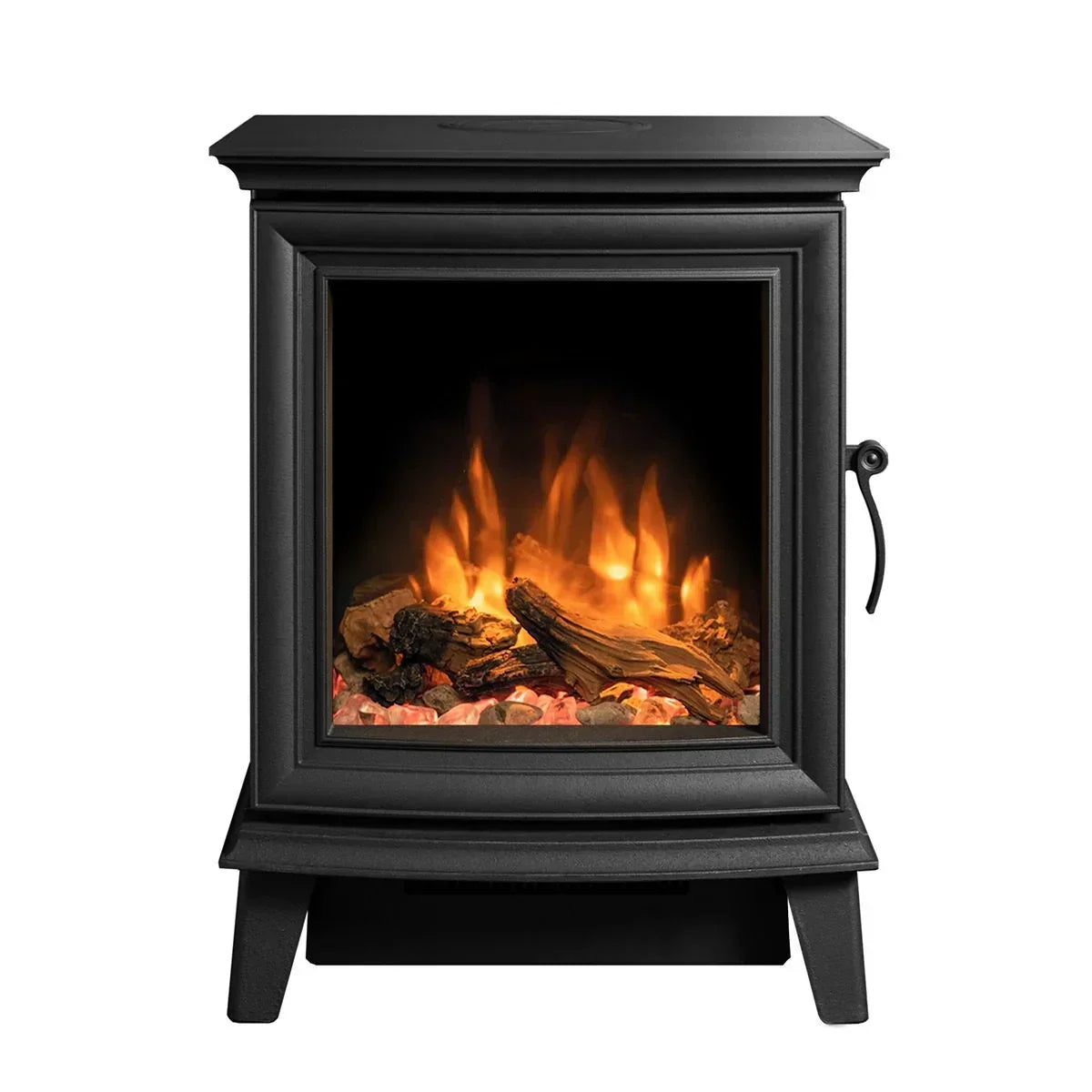Black electric stove heater with realistic flame effect and log detail on white background