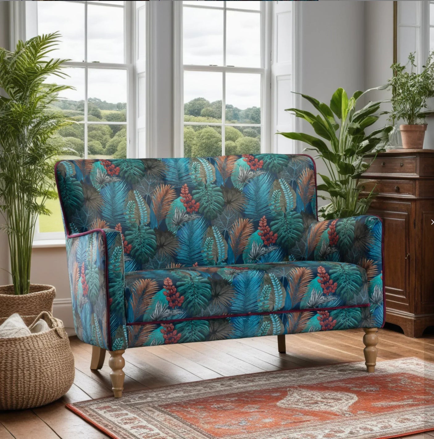 Tropical print fabric sofa with wooden legs in a bright living room with indoor plants
