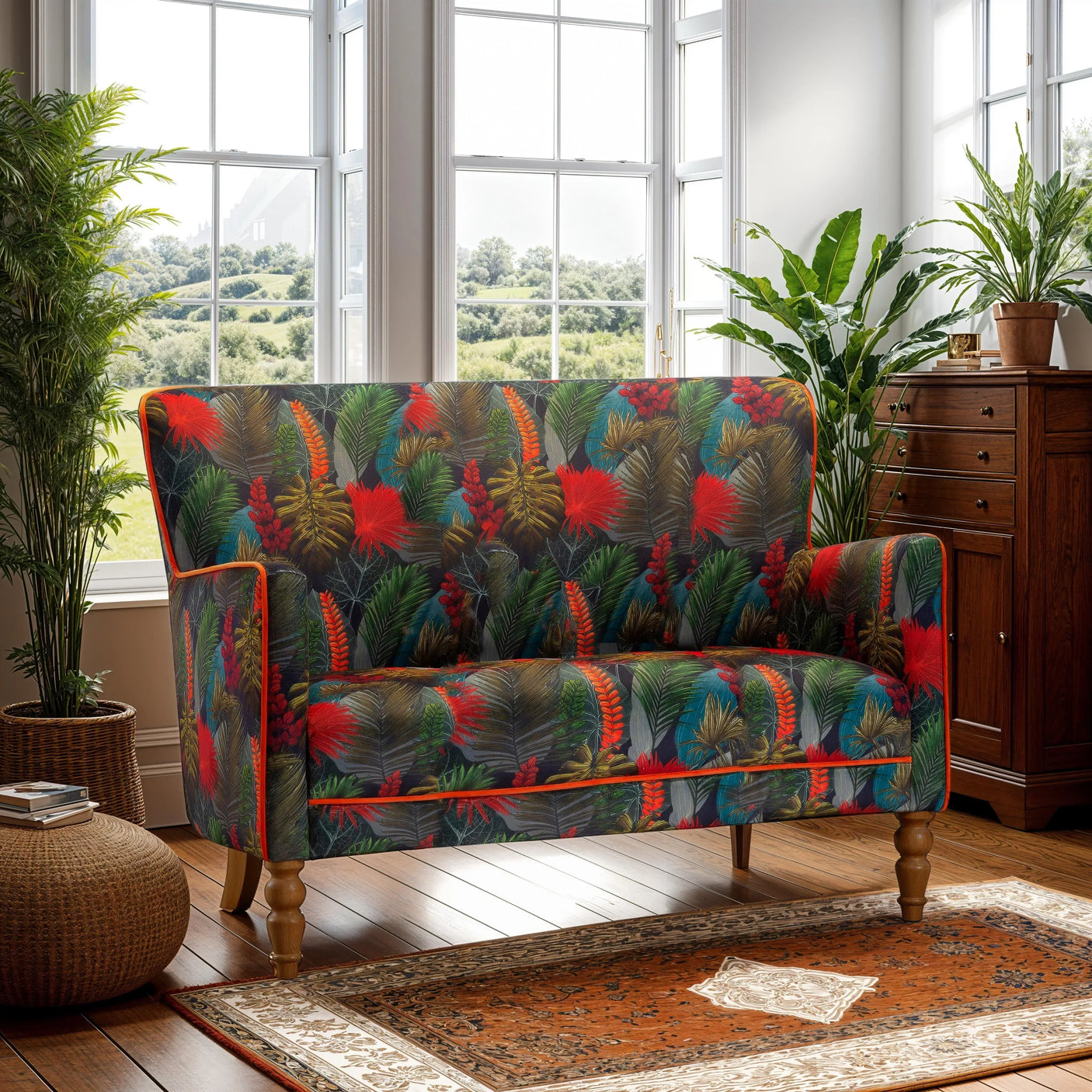 Tropical print fabric sofa with wooden legs in bright living room with plants and large windows