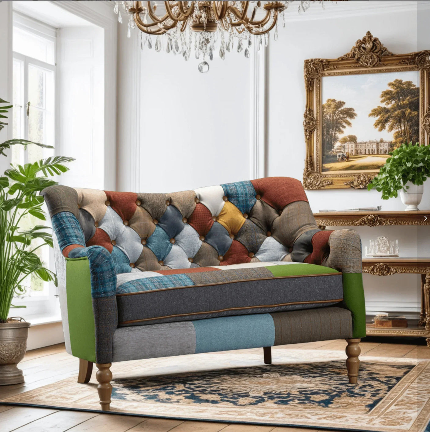Patchwork fabric sofa with button-tufted backrest in elegant living room setting