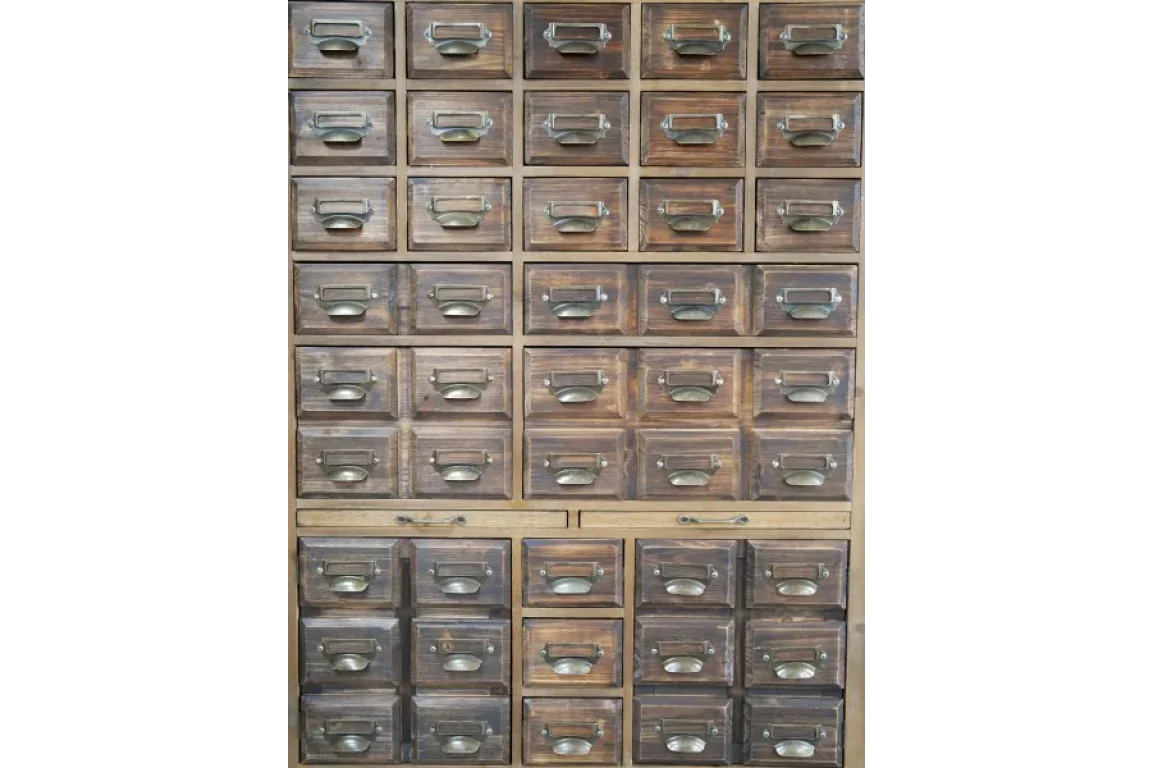 Tall wooden storage cabinet with multiple small drawers and metal pull handles