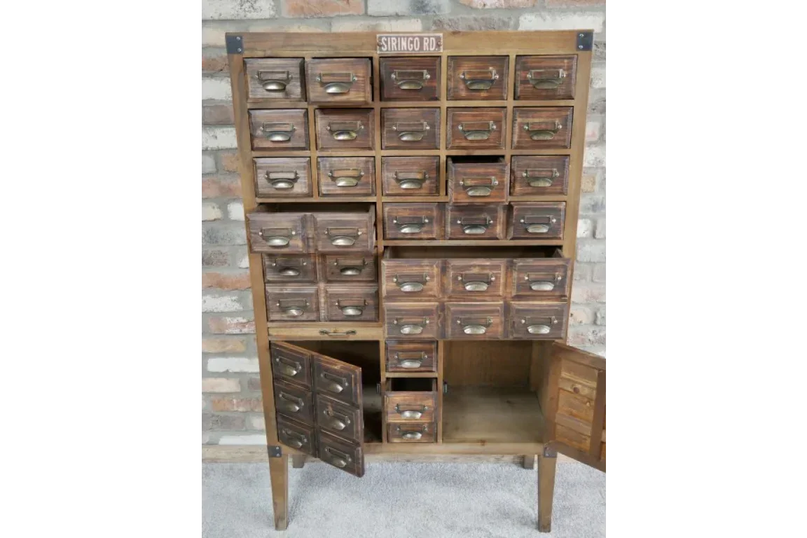 Vintage wooden storage cabinet with multiple drawers and open lower compartments