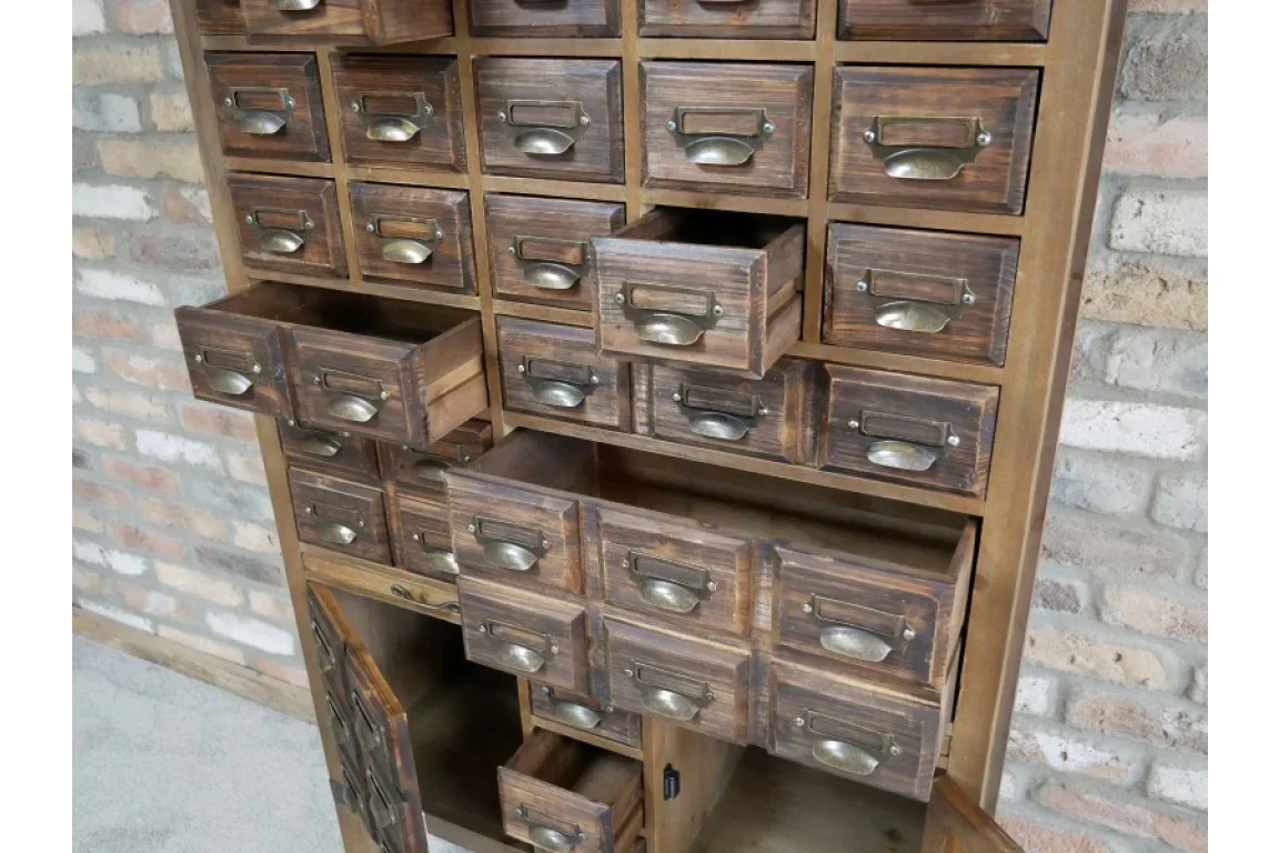 Vintage wooden storage cabinet with multiple drawers, open drawer fronts, rustic metal handles