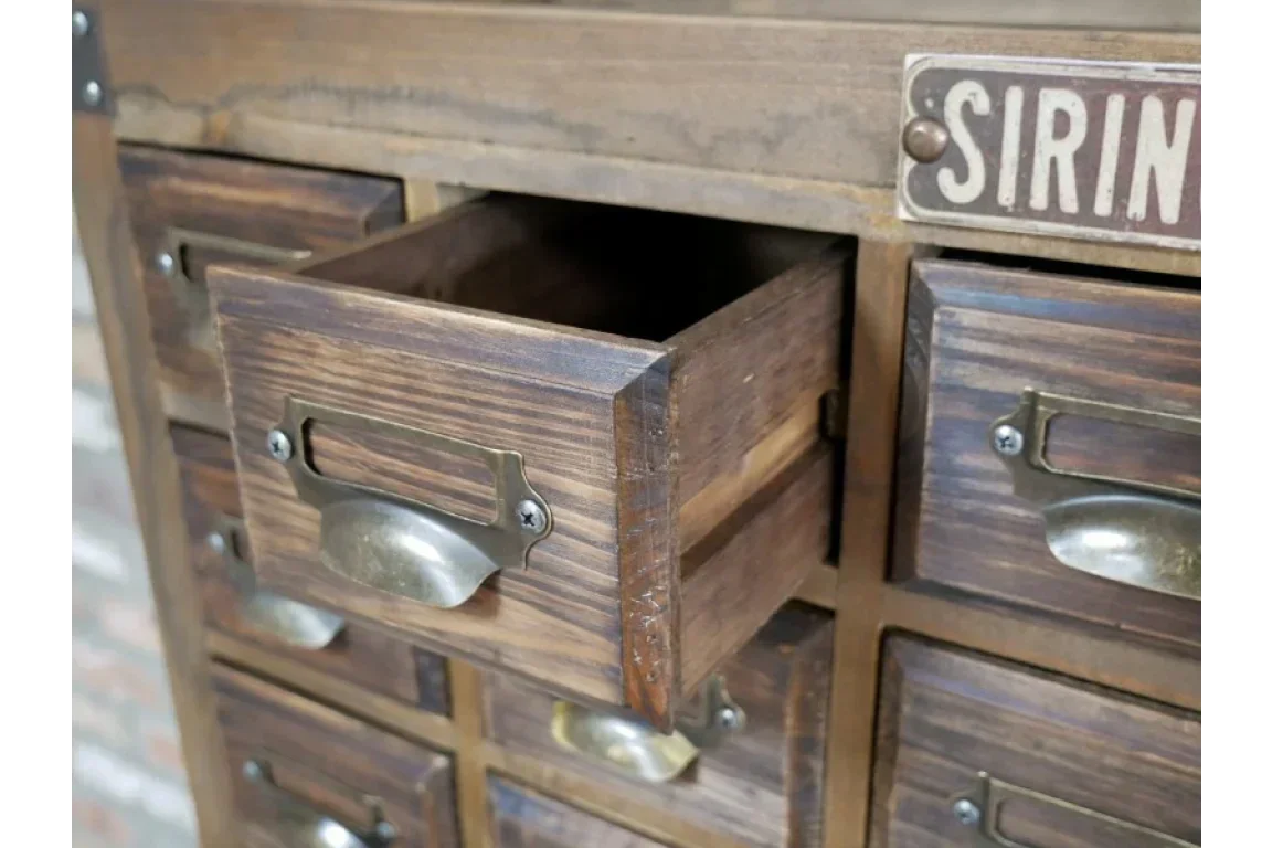 Rustic wooden storage cabinet with metal label holder and open drawer detail