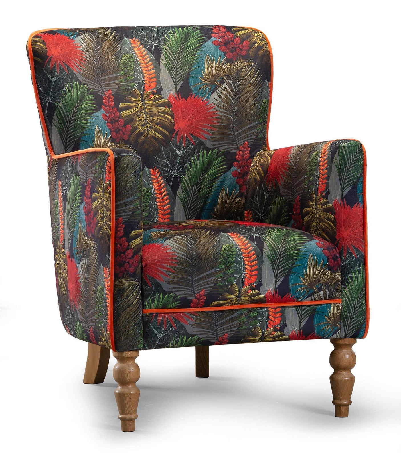 Tropical leaf print accent chair with wooden legs and orange trim