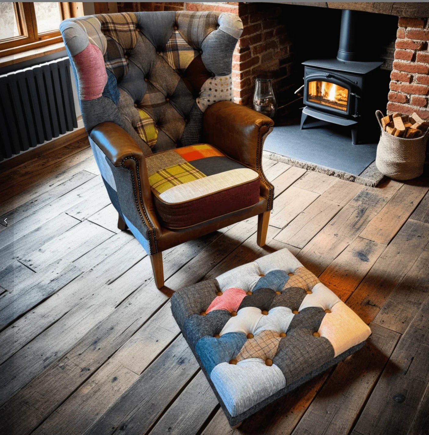 Patchwork armchair with leather arms and matching footstool in rustic living room