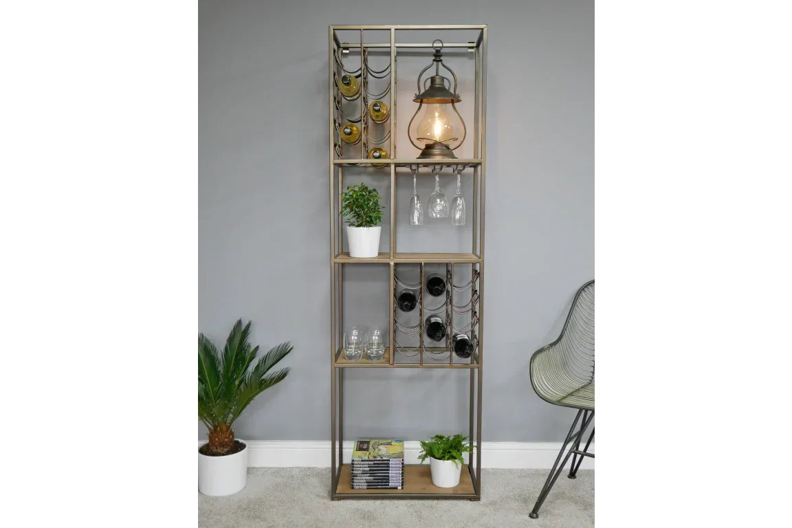 Metal and wood wine rack shelving unit with glass holders, plants, and decor arranged in room