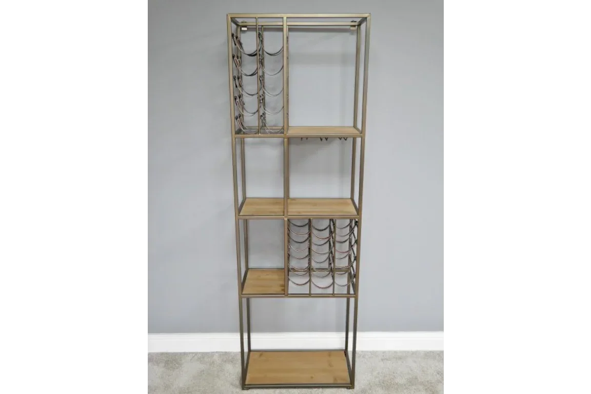 Tall metal and wood shelving unit with integrated wine rack compartments