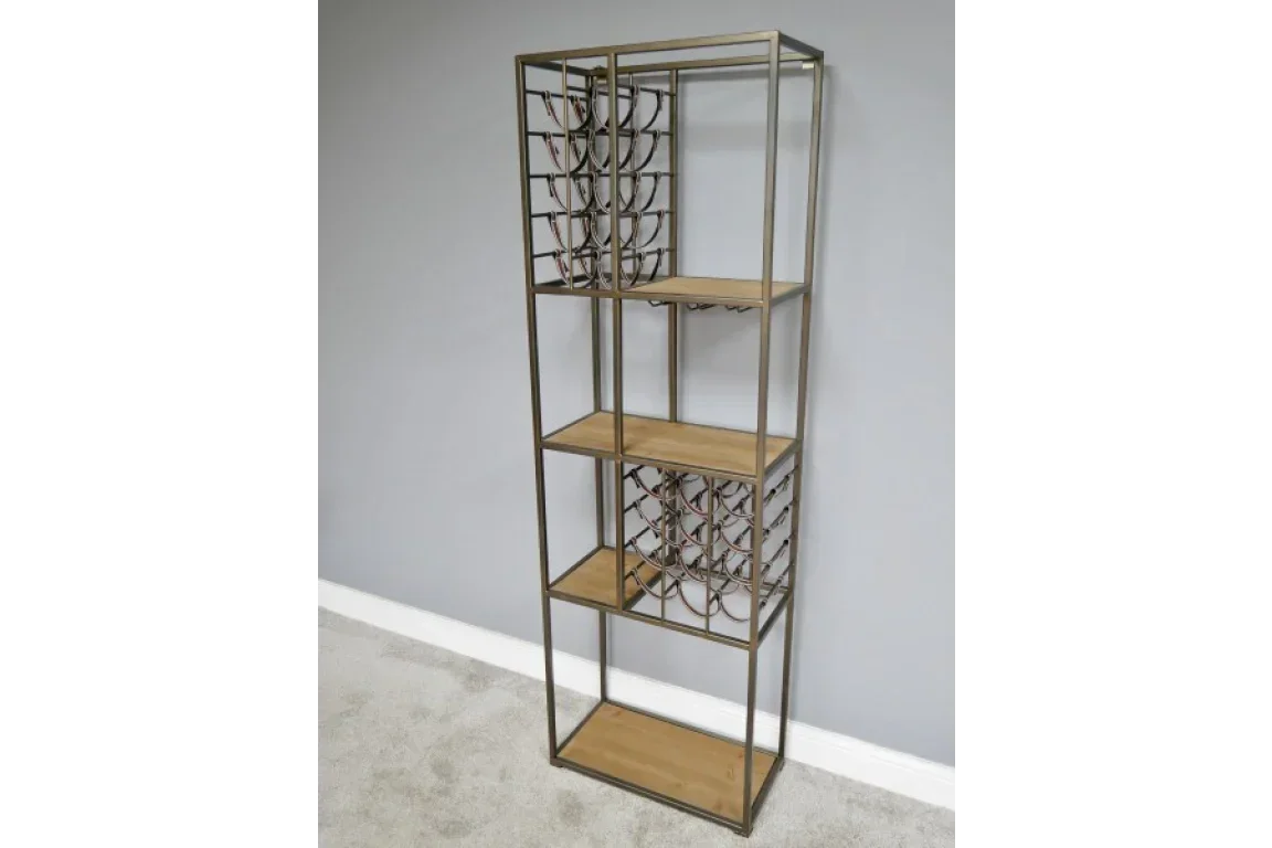 Tall metal and wood shelving unit with integrated wine rack against grey wall