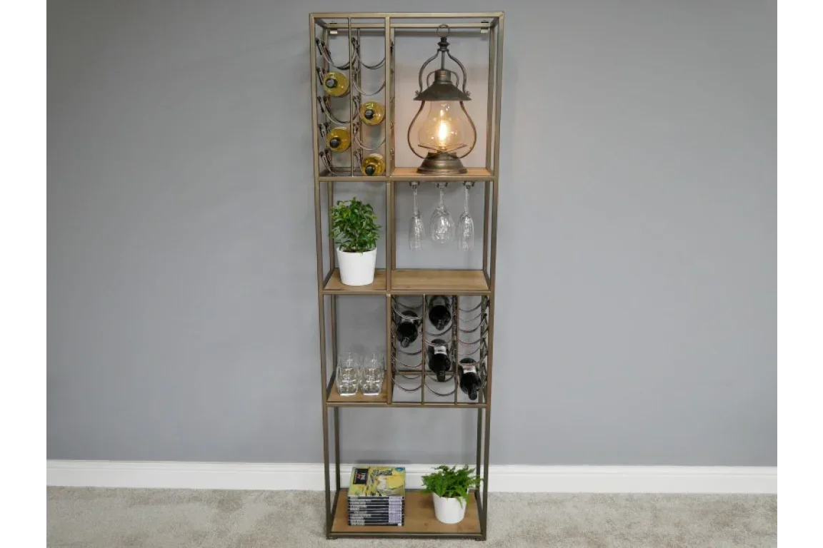 Tall metal and wood wine rack with bottle storage, hanging glasses, shelves and lantern