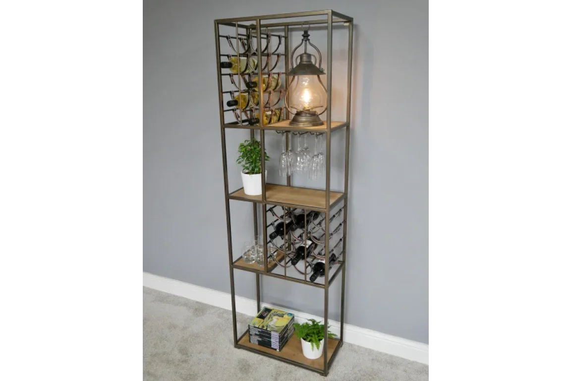 Tall metal and wood wine rack shelf with glass holder, potted plants, wine bottles and lamp