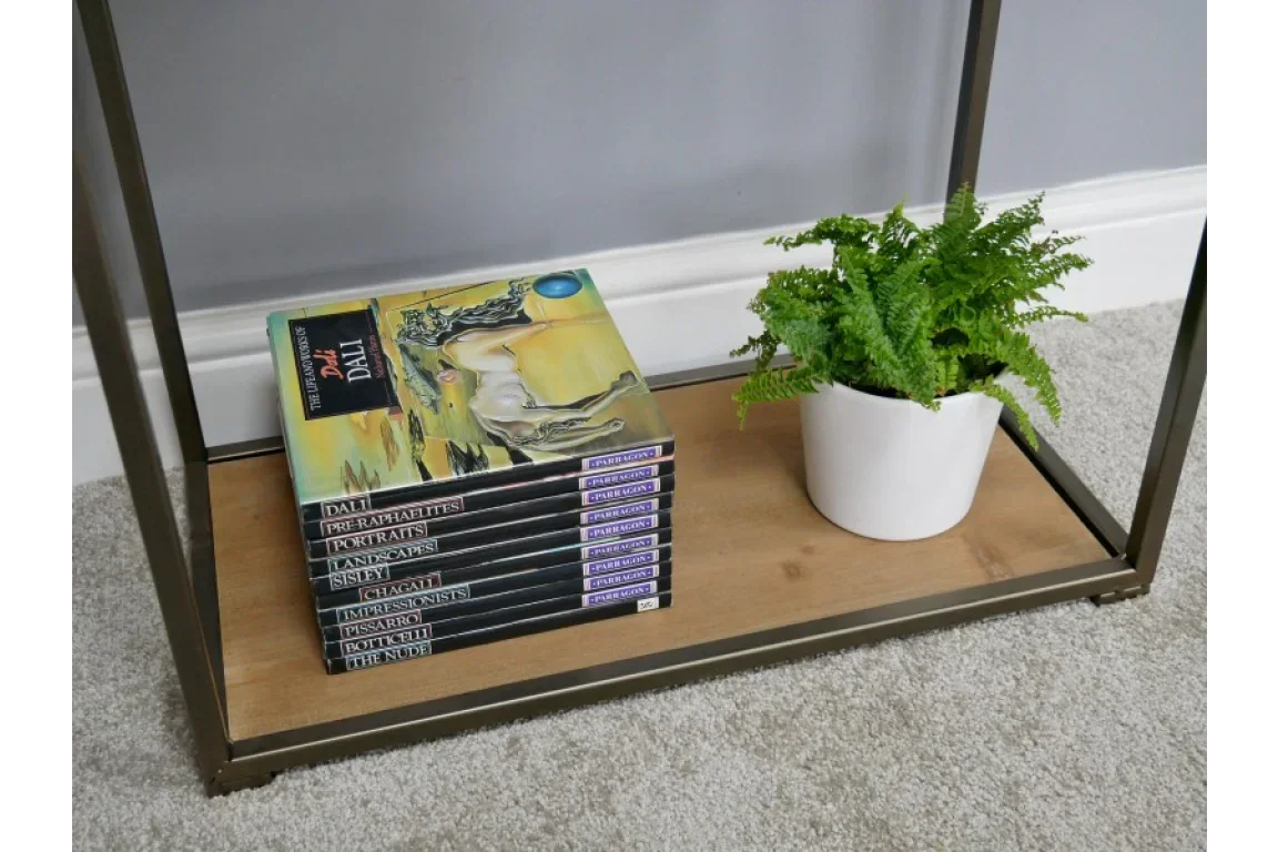Wooden shelf with stacked books and green plant in white pot on carpeted floor