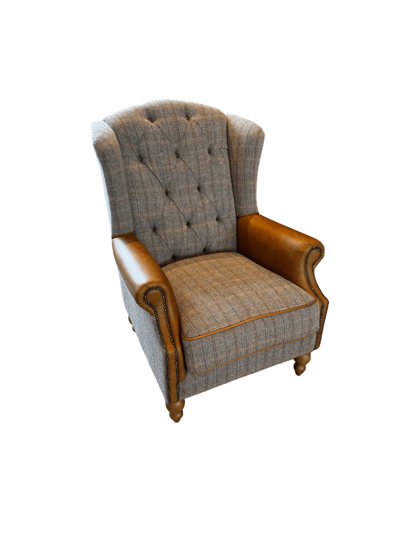Westminster Wing Armchair in Harrington Tweed (Fellwood Lodge) and Tan Leather Trims