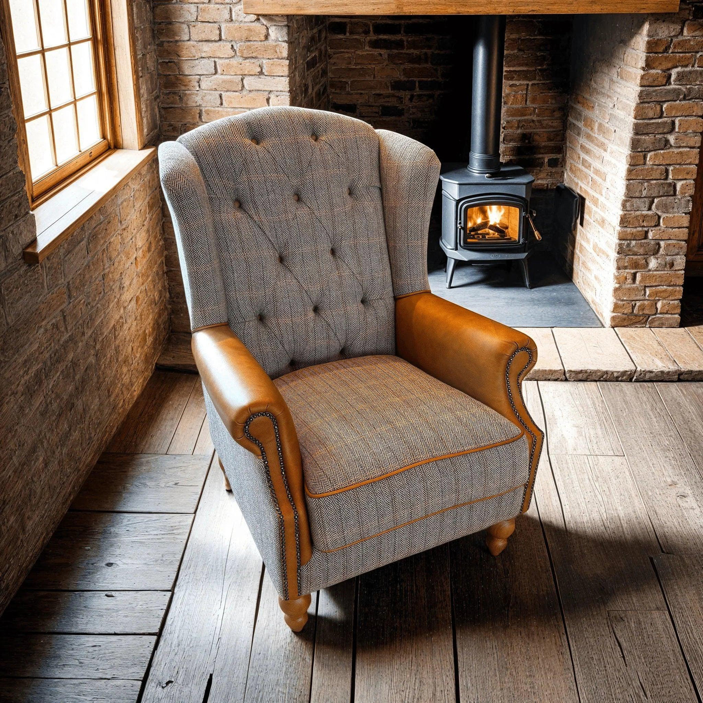 Grey and tan accent armchair with button-back detail in rustic living room by wood stove