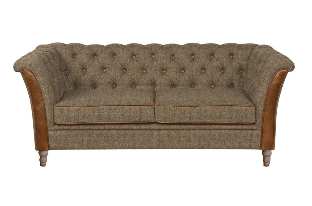 Chesterfield style sofa with brown tweed fabric, leather arms, and button tufting