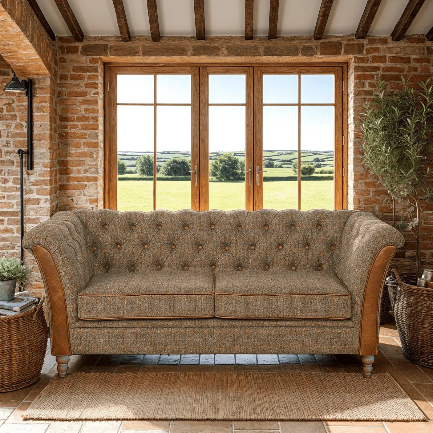 Chesterfield sofa with textured fabric and button tufting in rustic living room