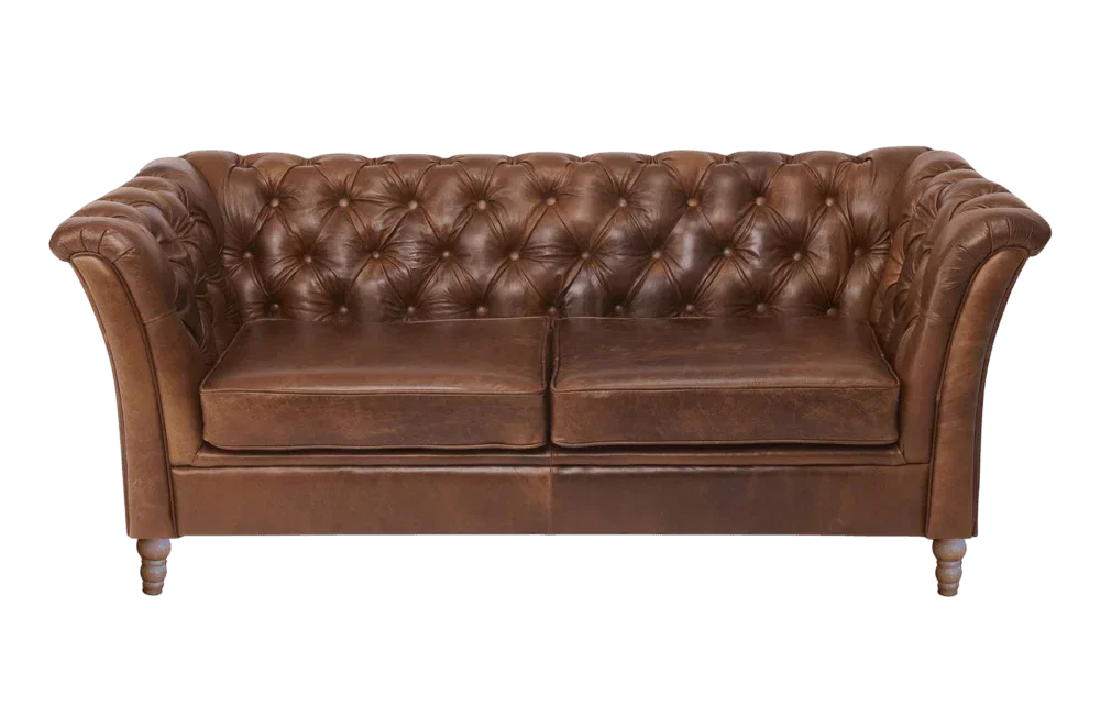 Brown leather Chesterfield sofa with deep button tufting and wooden legs