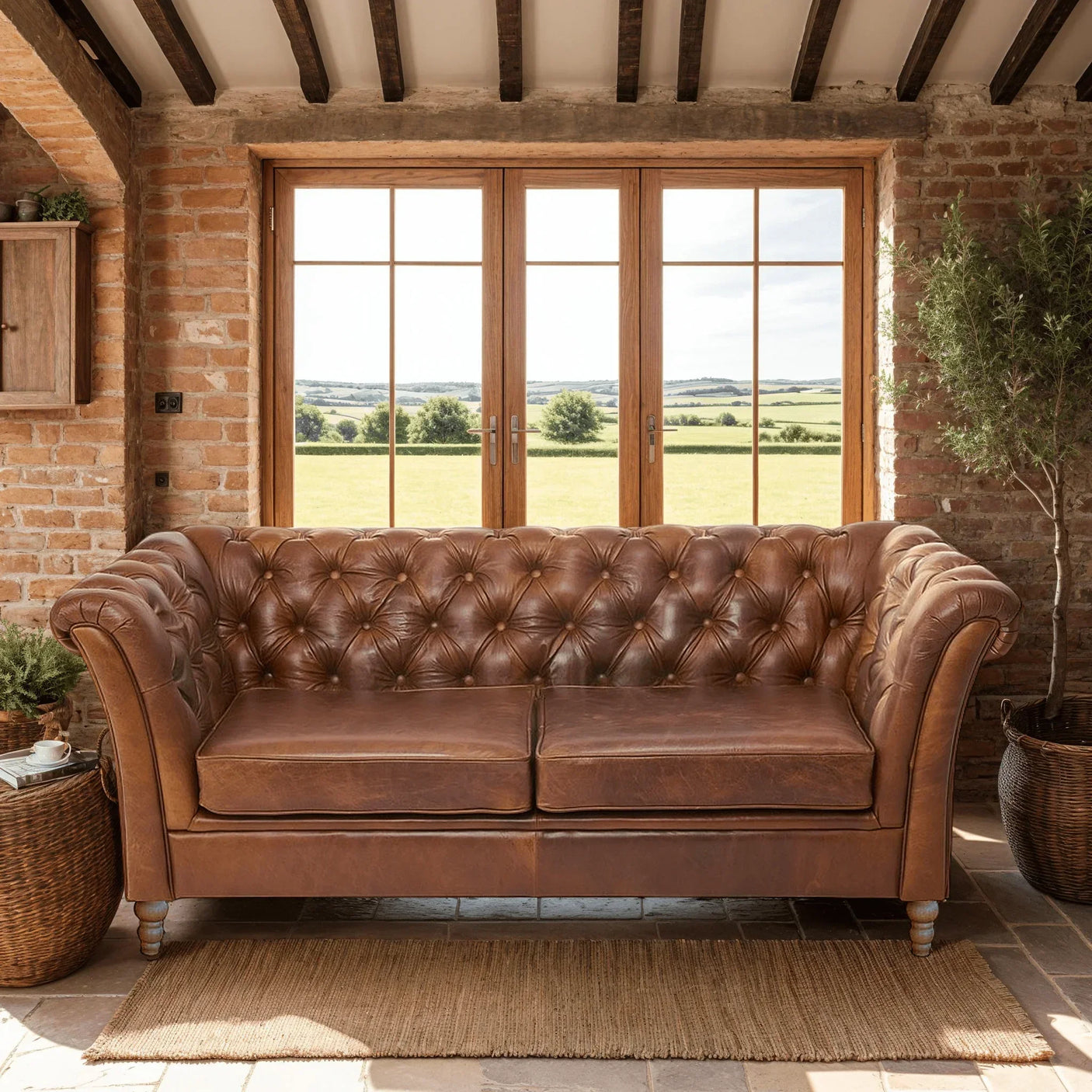 Brown leather Chesterfield sofa with deep button tufting in rustic living room
