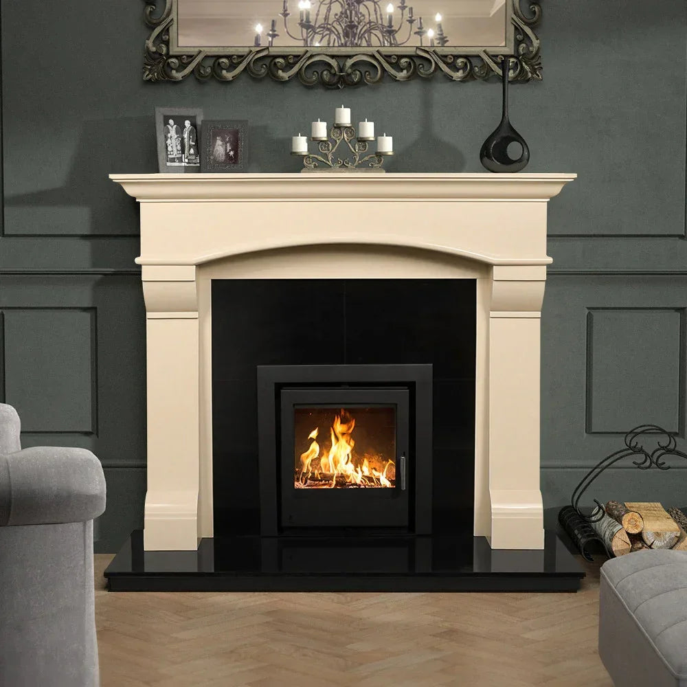 Ivory cream fireplace surround with black inset and wood burning stove in modern living room