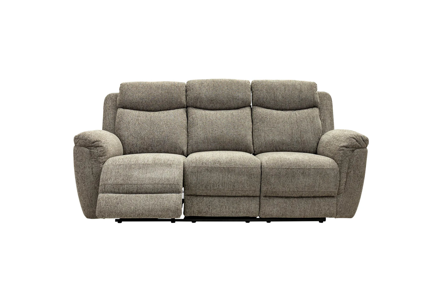 A three-seat reclining sofa in textured taupe-gray fabric, shown from the front against a plain white background.