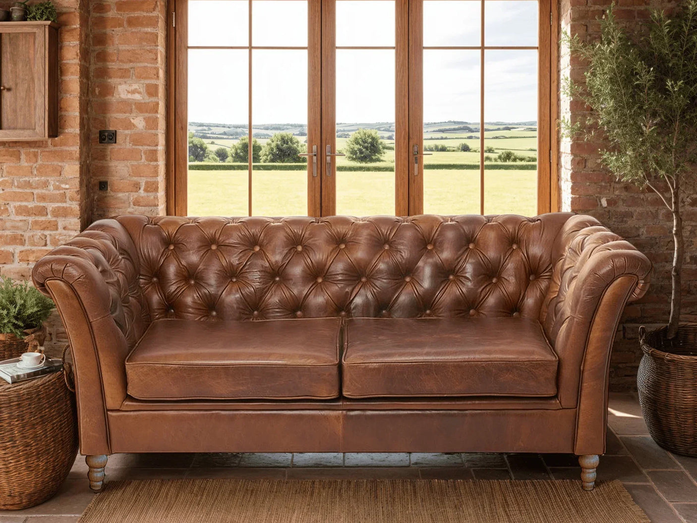 Brown leather Chesterfield sofa with button tufting in rustic living room