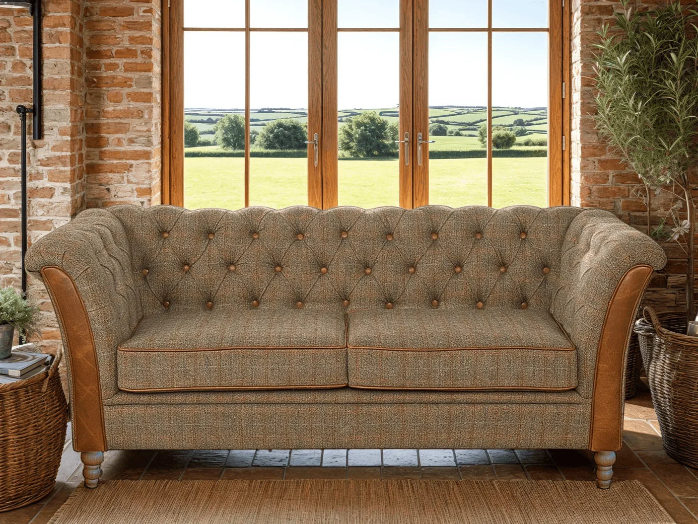Brown tweed Chesterfield sofa with button tufting in rustic living room, wooden legs visible