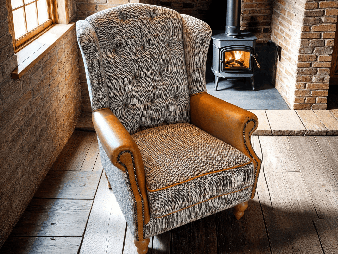 Westminster Wing Armchair in Harrington Tweed (Fellwood Lodge) and Tan Leather Trims