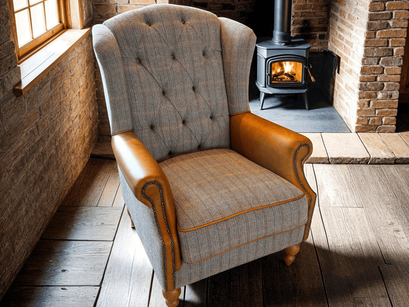 Westminster Wing Armchair in Harrington Tweed (Fellwood Lodge) and Tan Leather Trims